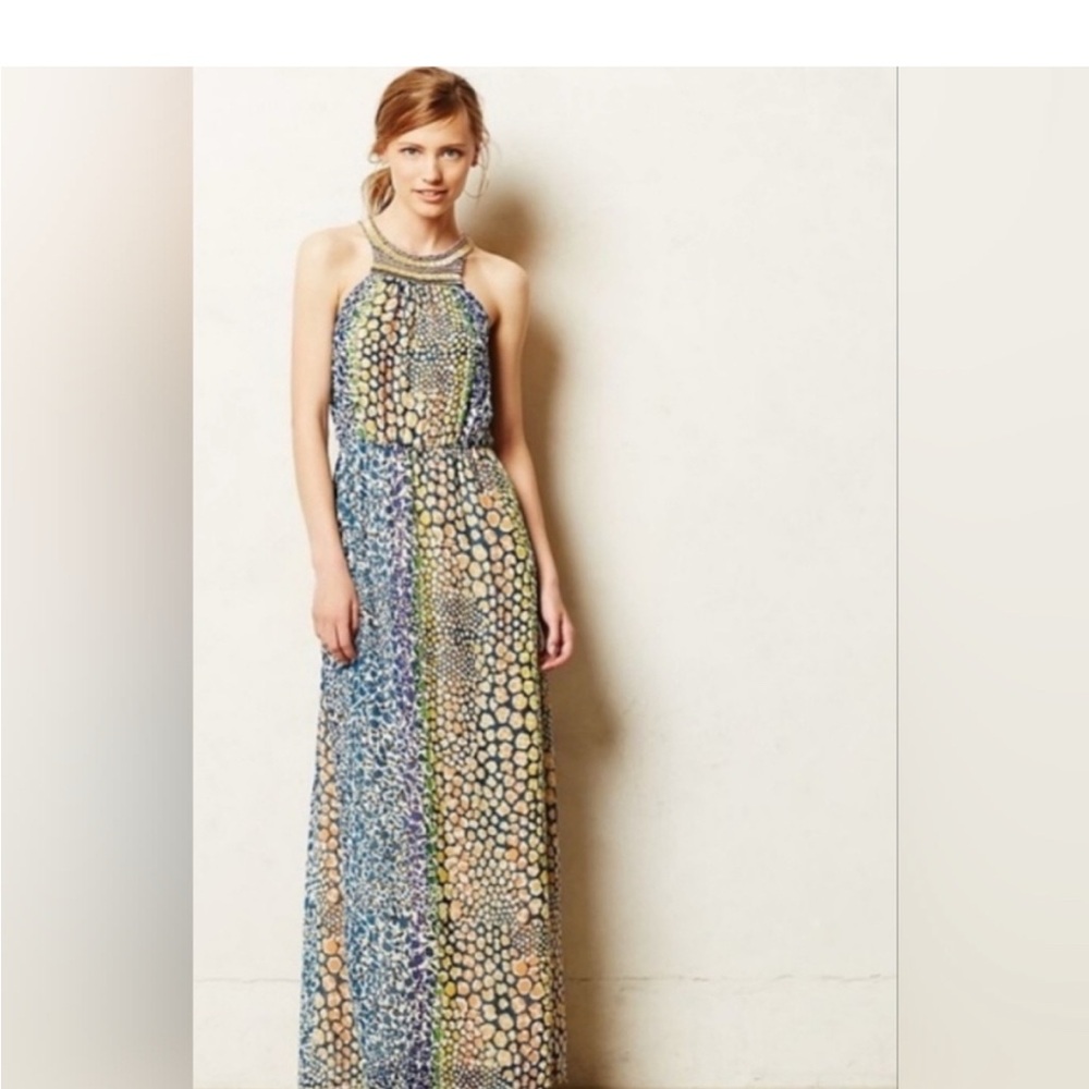 Anthropologie HD in Paris Blue and Yellow Halter Maxi 12p EUC